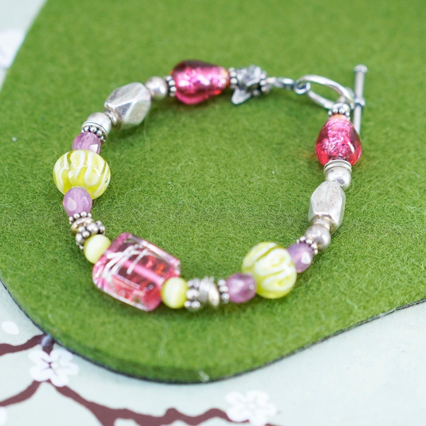 6.5”, vintage 925 Sterling silver bracelet with artisan pink glass beads