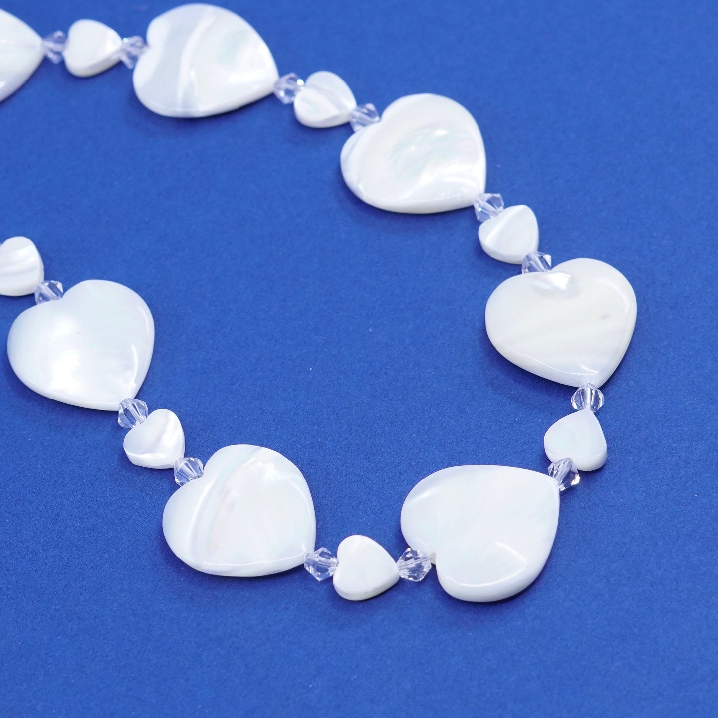 20”, vintage handmade necklace, mother of pearl heart with clear crystal