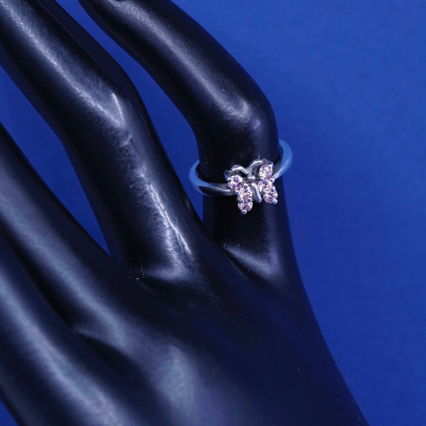 Size 3, vtg Sterling silver engagement ring, 925 band with pink cz butterfly