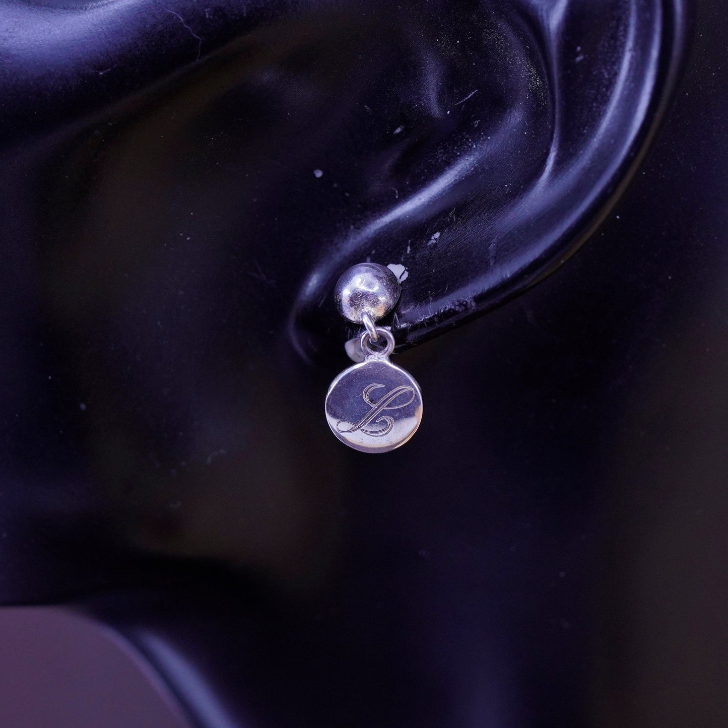 Vintage Sterling silver handmade earrings, 925 disc drops engraved “L”