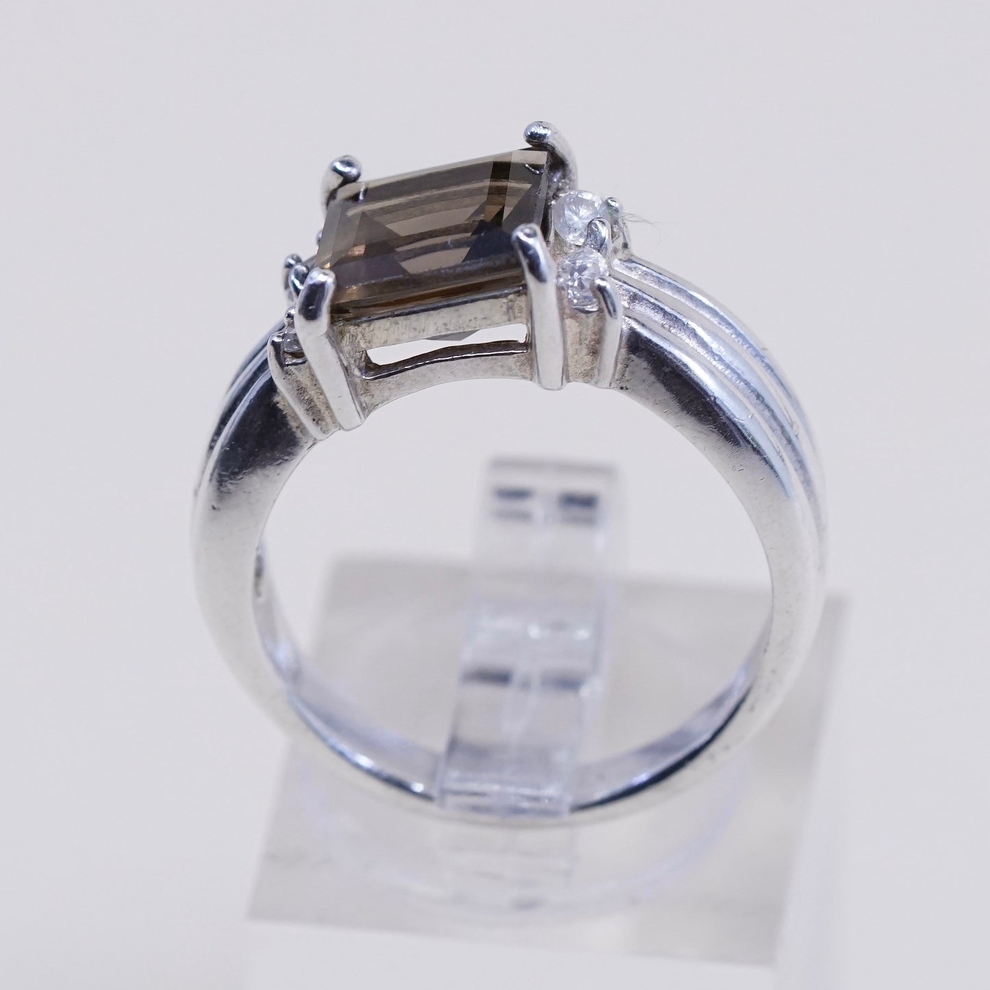 sz 8.25, sterling silver handmade ring, 925 statement ring w/ smoky topaz N Cz