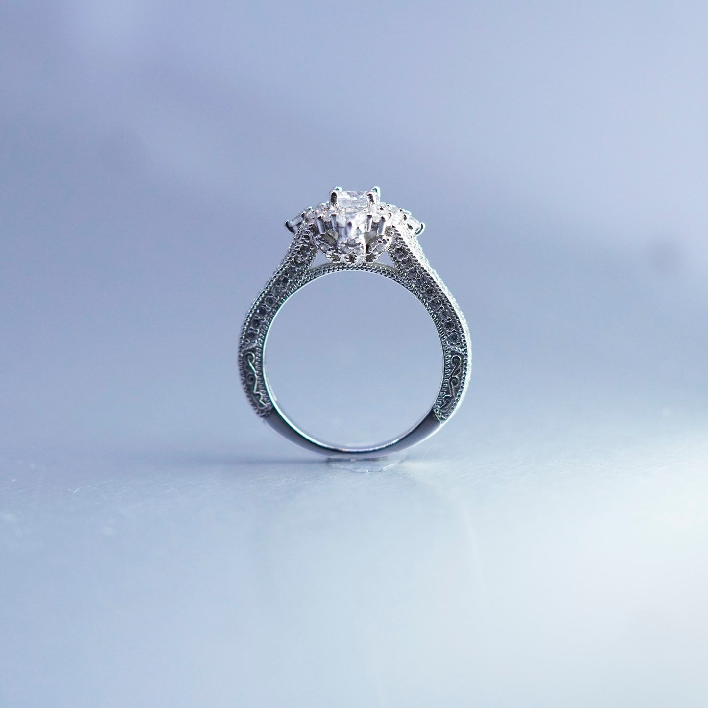 Size 7.5, vintage Sterling 925 silver handmade engagement ring with cluster Cz
