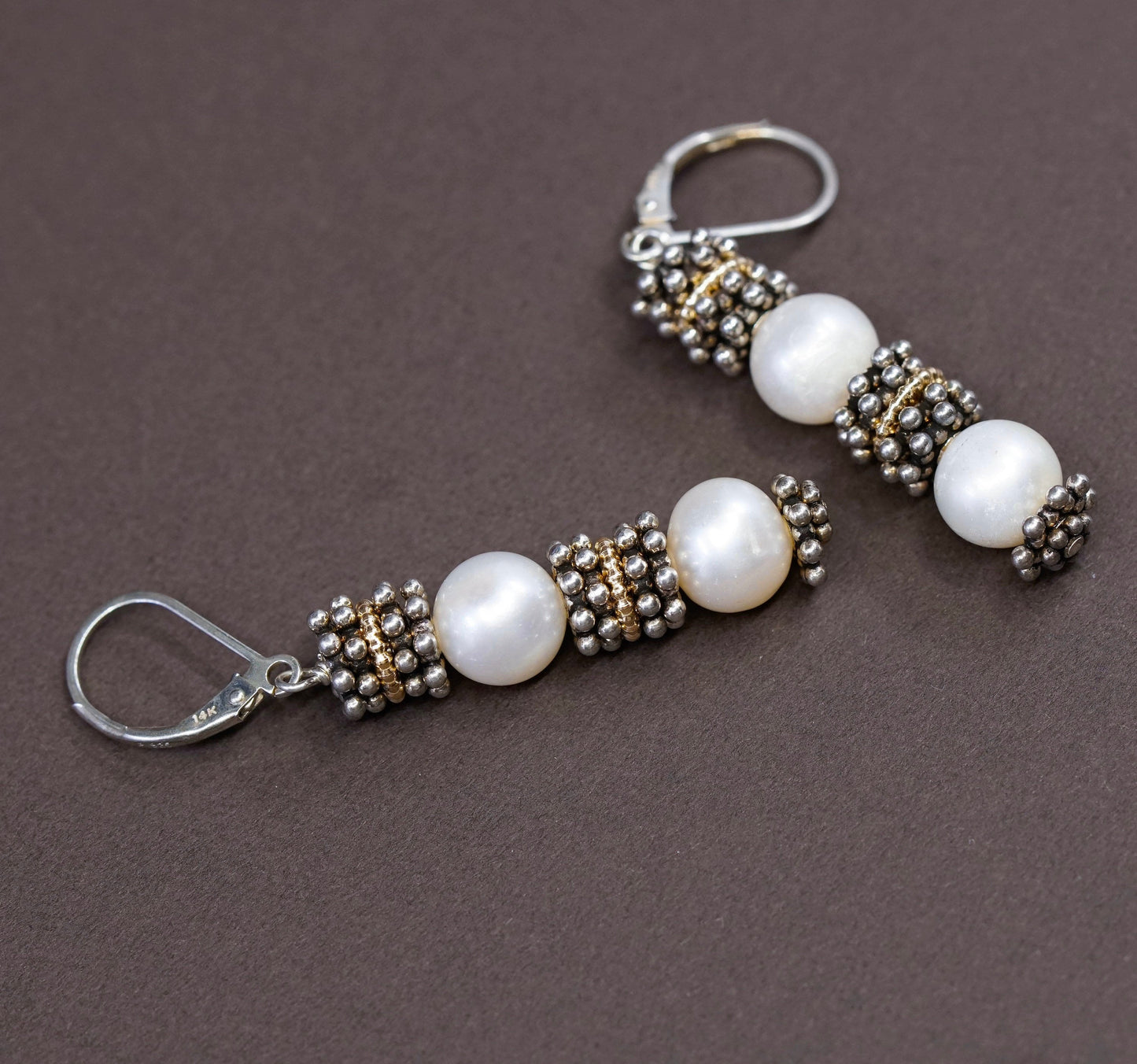 14K yellow gold trim w/ Sterling silver handmade earrings, 925 beads w/ pearl
