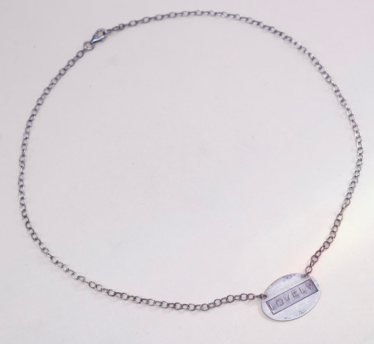 16”, vintage sterling silver handmade necklace, circle tag “lovely” pendant