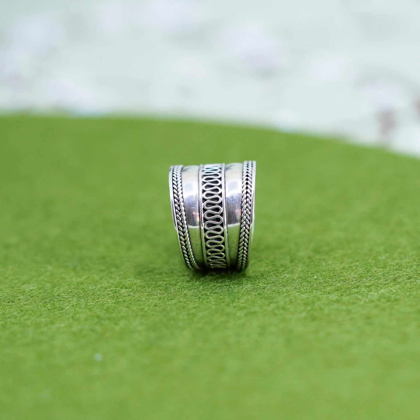 Size 8, Vintage sterling silver handmade ring, 925 cable textured wide band