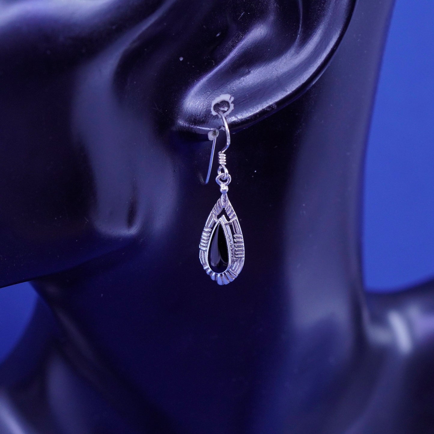 Vintage sterling 925 silver handmade earrings with teardrop obsidian