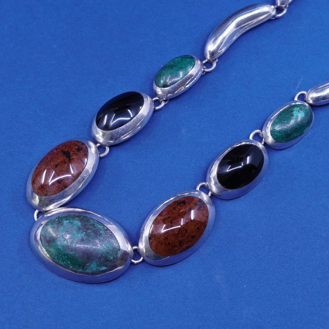 18”, vtg mexico sterling 925 silver handmade necklace w/ turquoise, onyx jasper