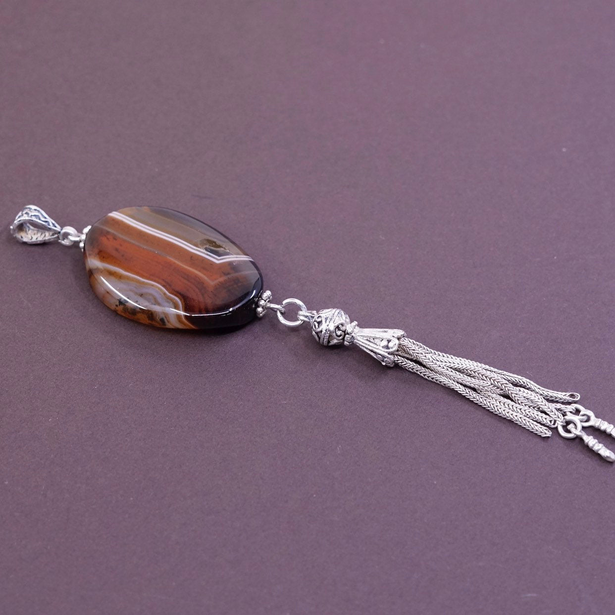 Southwestern Sterling silver handmade pendant, 925 w/ agate N wheat fringe