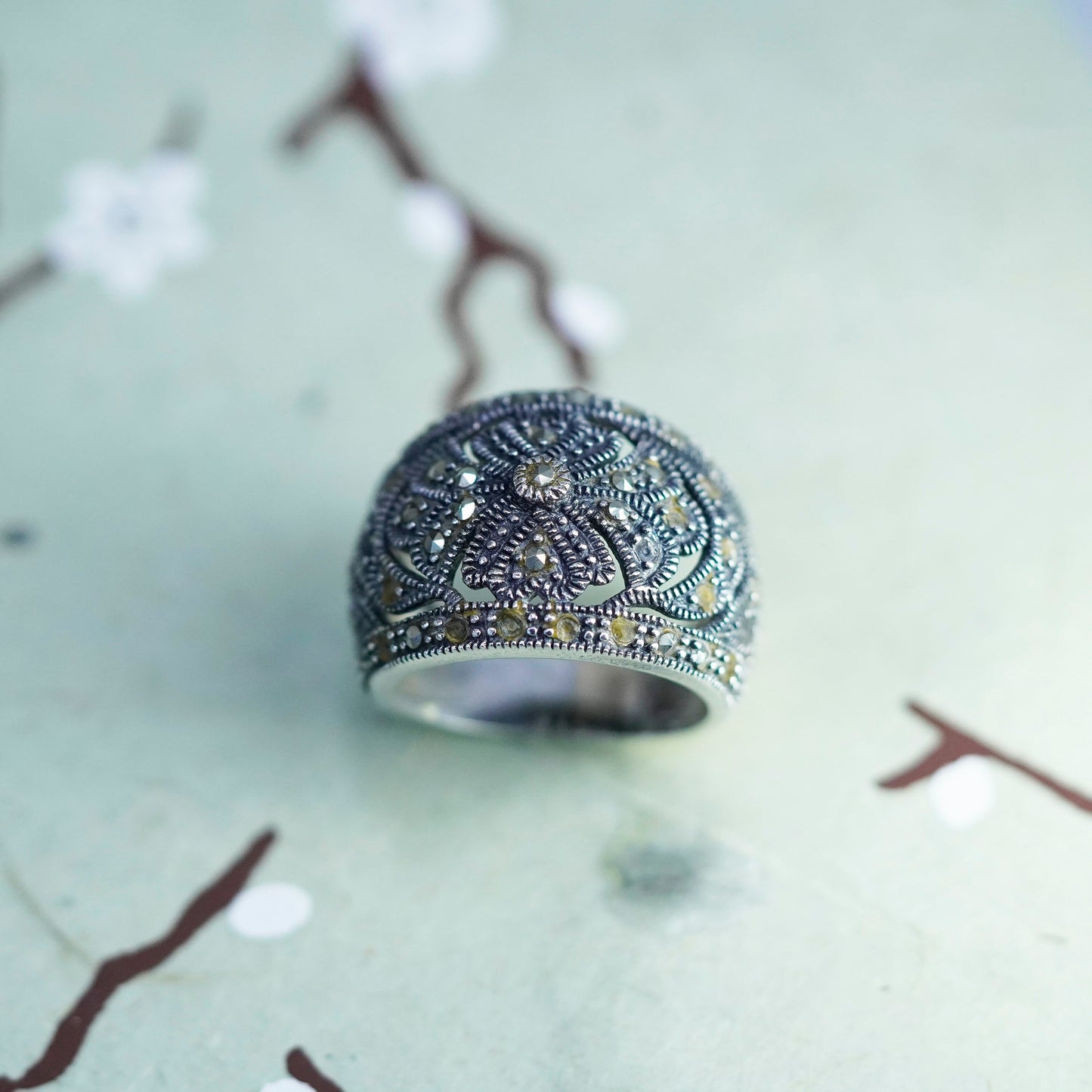 Size 6.5, Vintage Sterling silver handmade ring, 925 band with beads