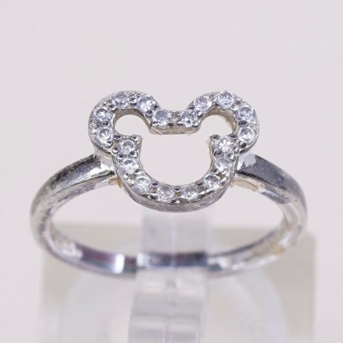 Sz 5, Vtg Sterling Silver Fashion Ring, 925 Silver Mickey Ring W/ Cz