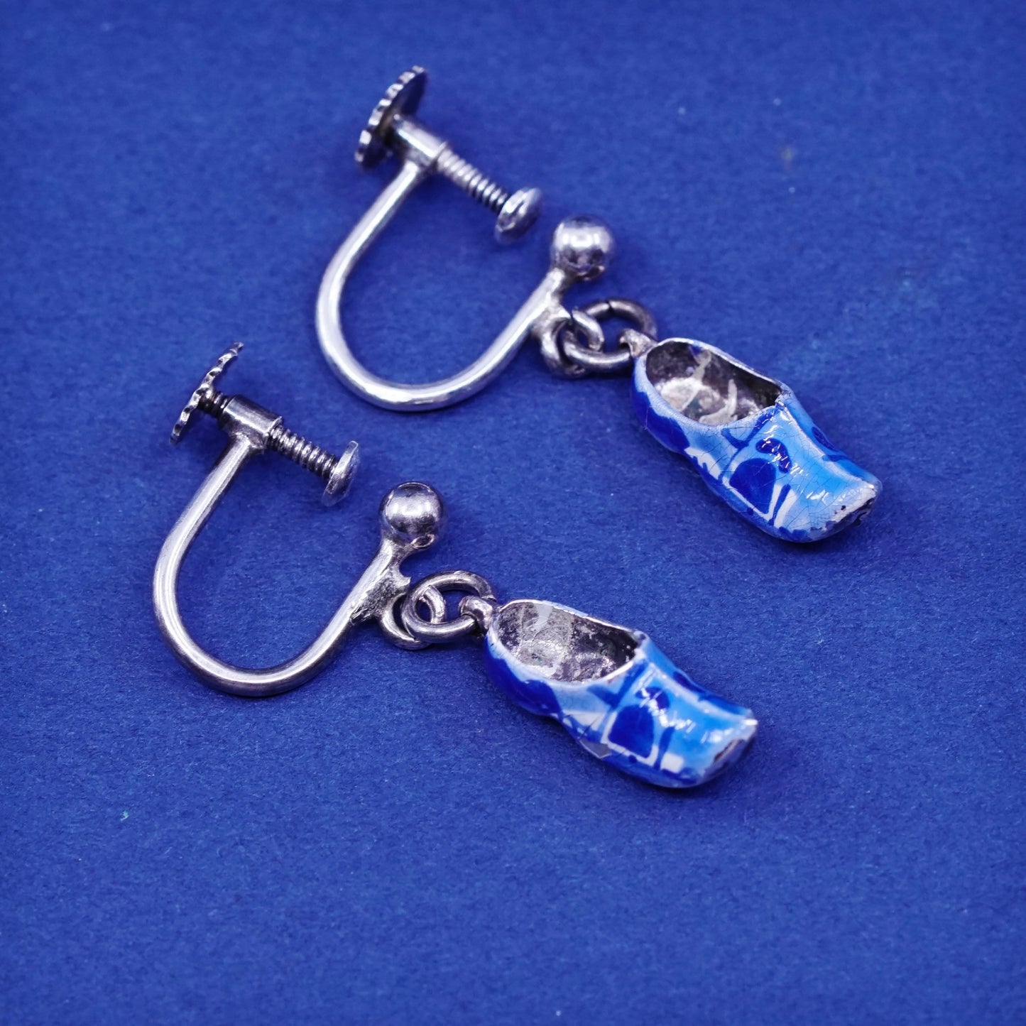 sterling silver handmade earrings, 925 holland wooden shoes drops with enamel