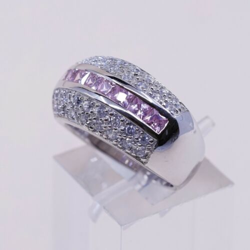 Size 6, Vtg Sterling Silver Handmade Ring, 925 Silver Band W/ Pink Cluster Cz