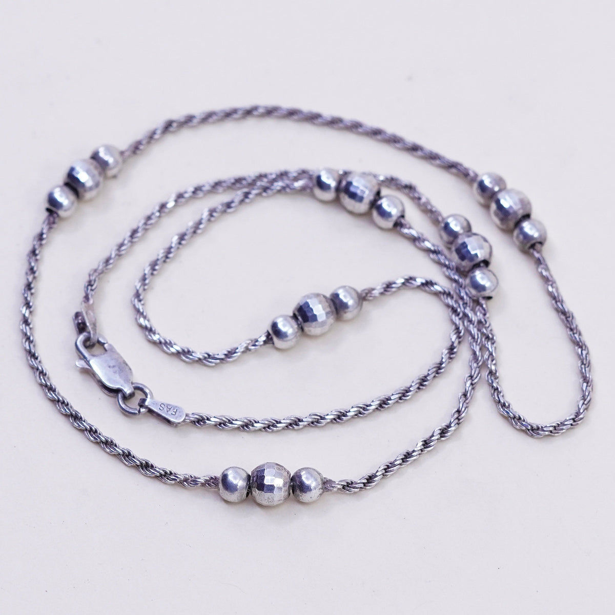18” 1.6mm, vintage sterling silver necklace, 925 rope chain with beads