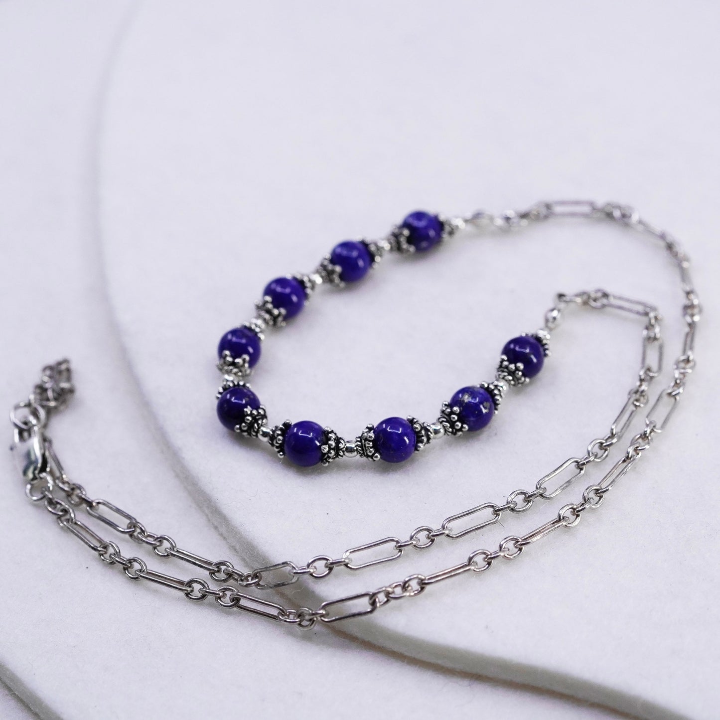 19”, Sterling 925 silver handmade elongated necklace with lapis lazuli beads