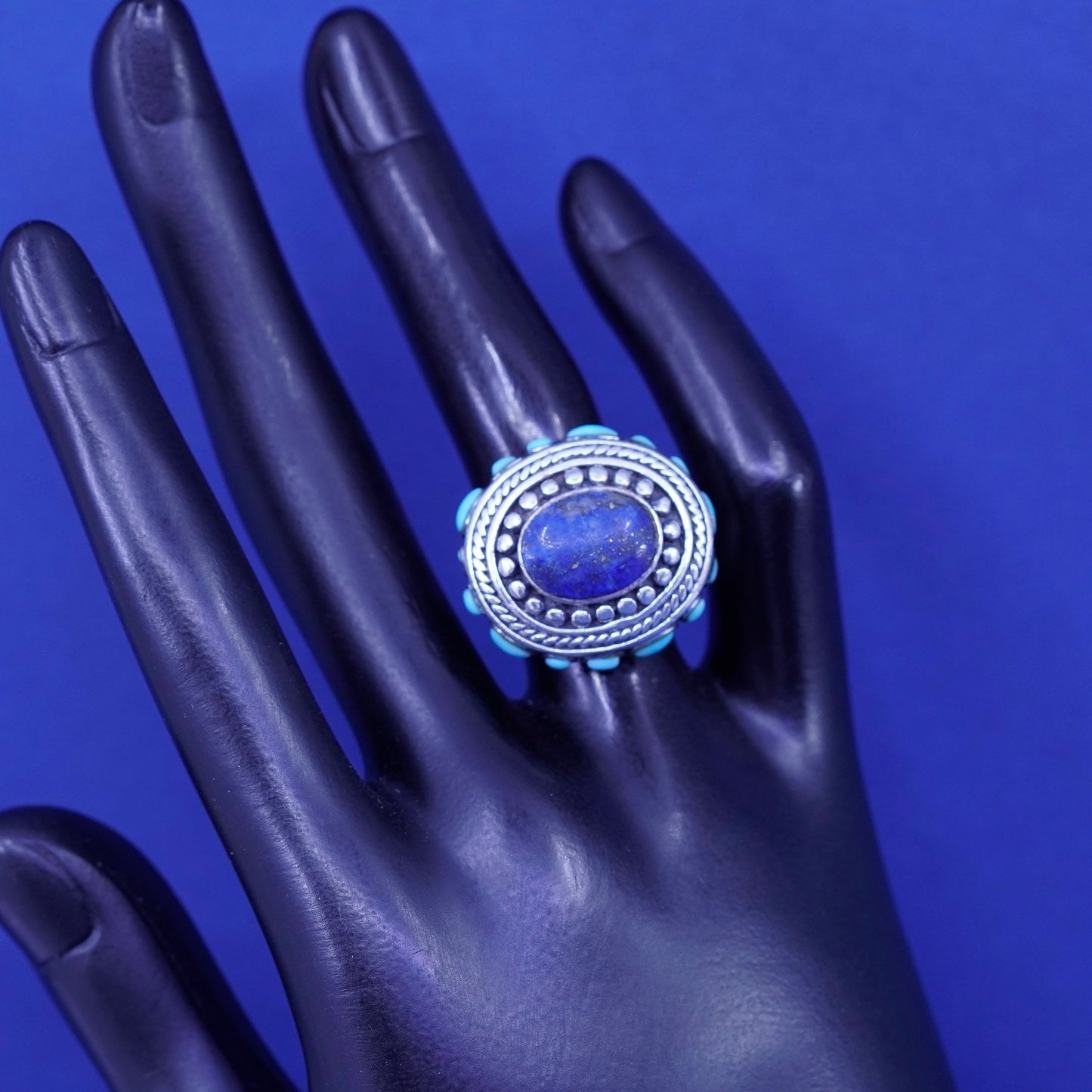 Size 7, sterling silver handmade statement ring Lapis lazuli turquoise beads