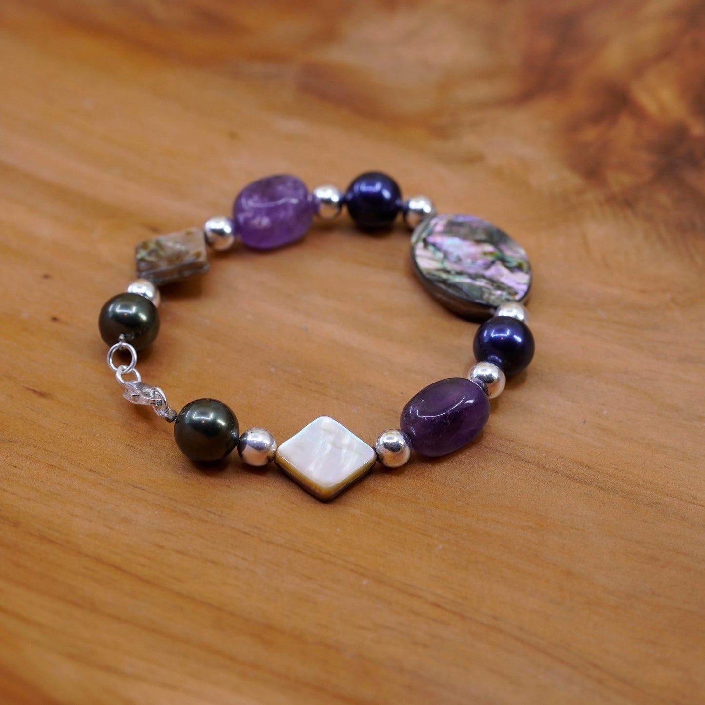 7”, Vintage Sterling silver handmade bracelet with abalone amethyst beads