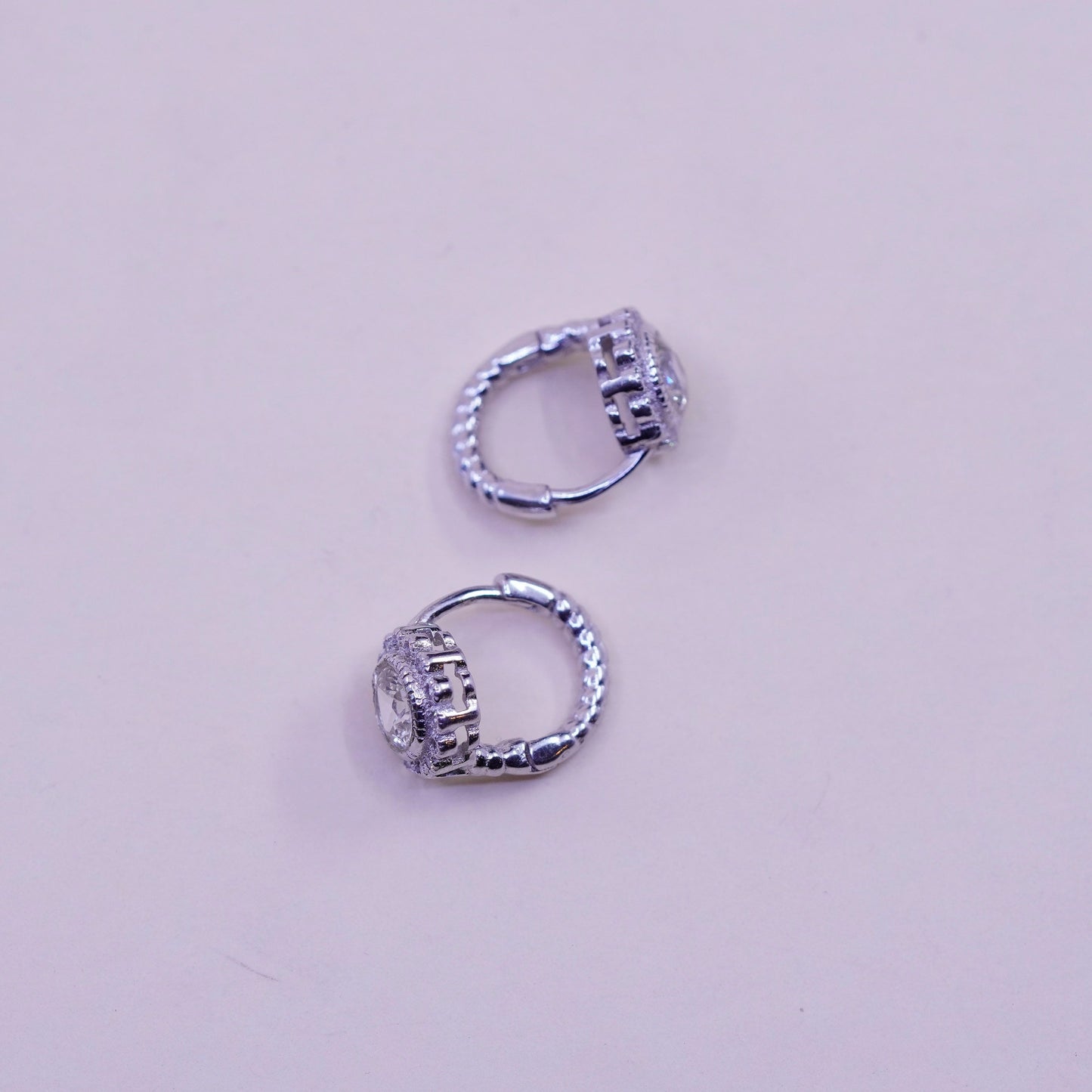 0.5”, Vintage sterling silver earrings, 925 hoops, huggie, with cz flower