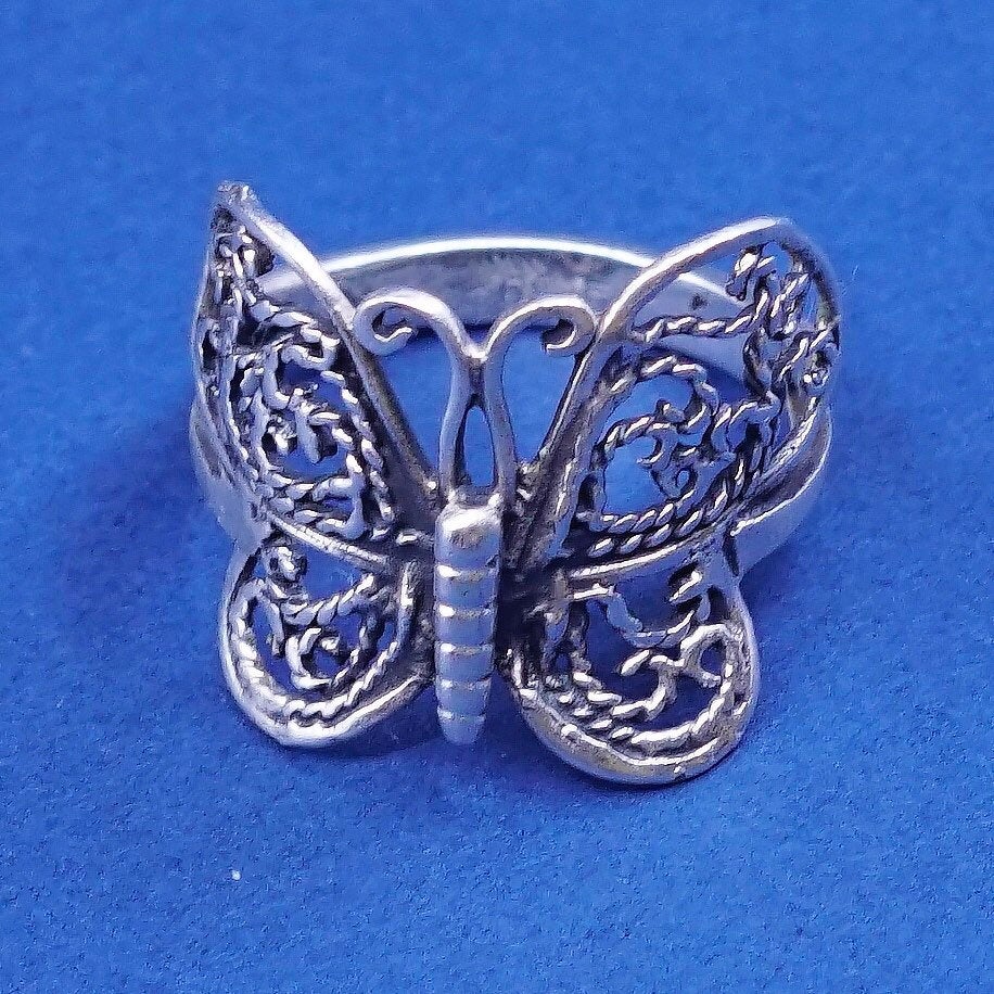 Size 5.75, vtg sterling silver handmade ring, 925 filigree butterfly band