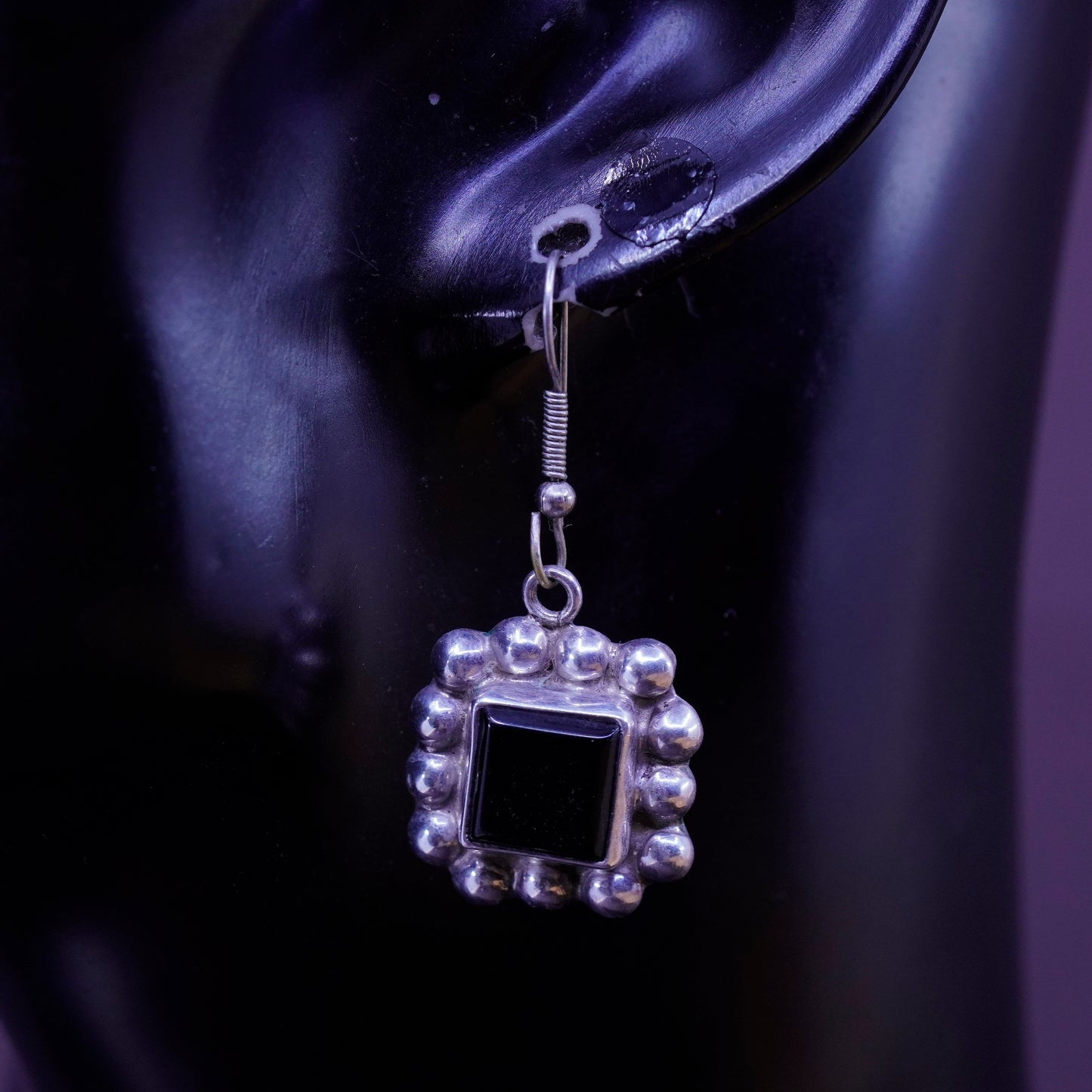 Vintage Sterling 925 silver handmade earrings with square obsidian and beads