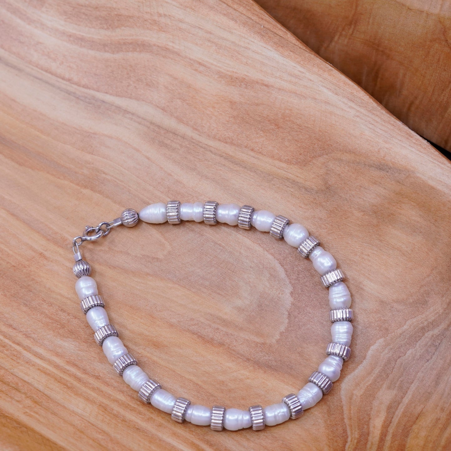 7.5”, vtg Sterling silver handmade bracelet, freshwater pearl with 925 beads