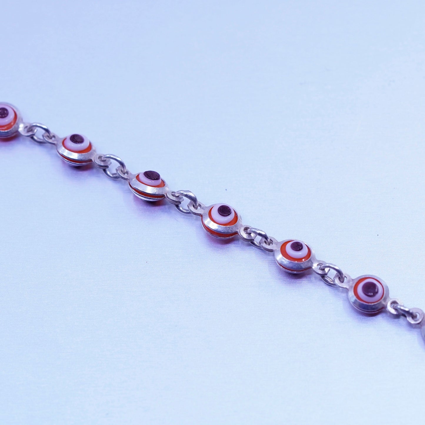 7”, Sterling 925 silver handmade bracelet chain with red evil eye glass beads