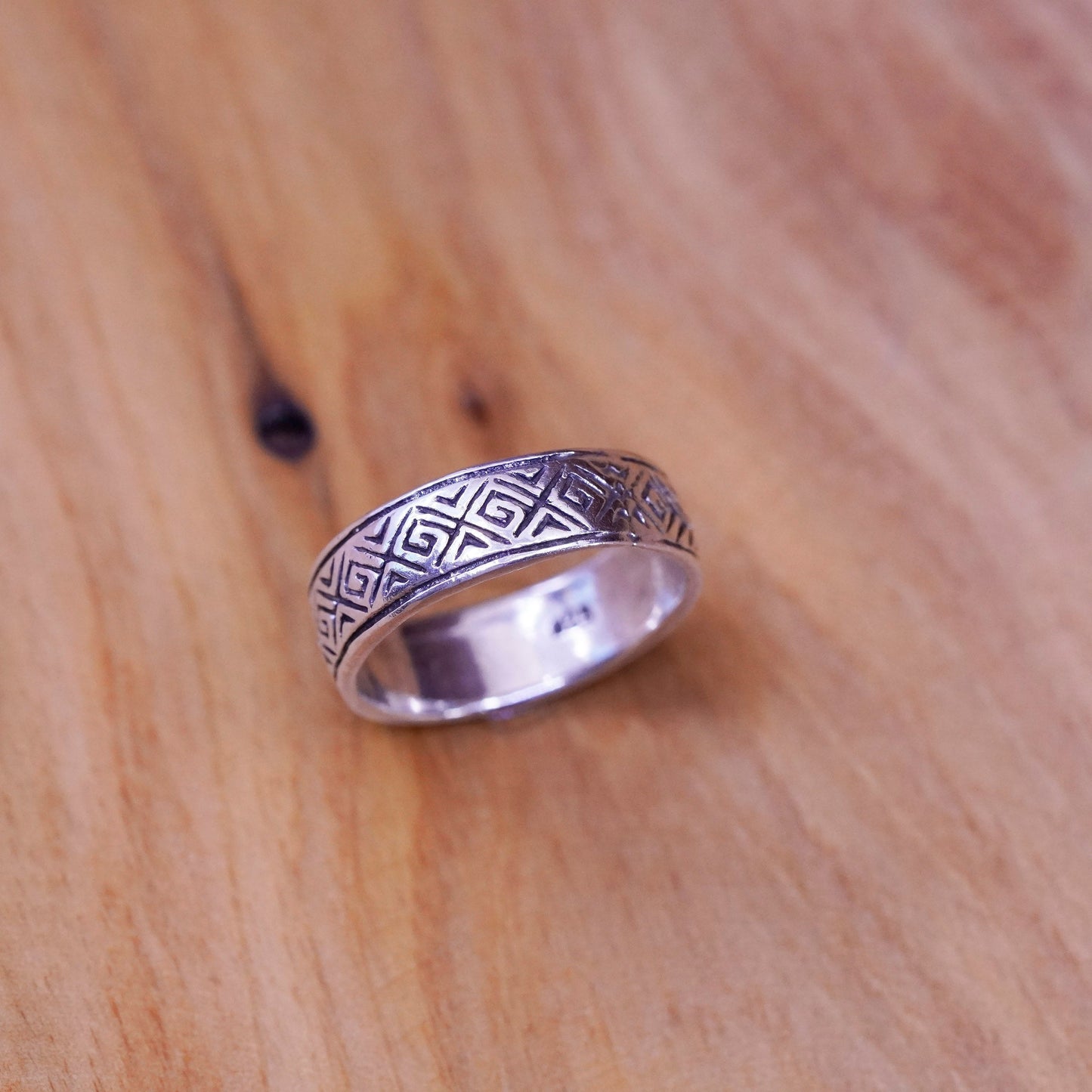size 7.25, vintage Sterling silver handmade ring, 925 Greek key textured band