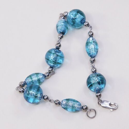 7.25”, Vtg Handmade Bracelet W/ Blue Foiled Glass N Sterling 925 Silver Clasp