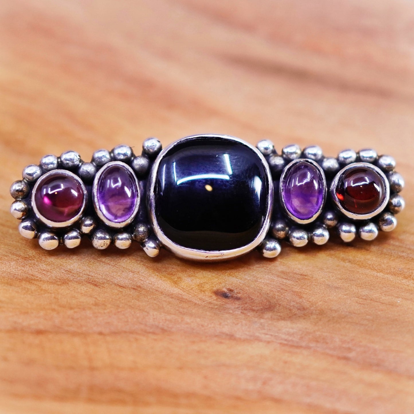 Vintage handmade sterling silver brooch, 925 pin with amethyst onyx with beads