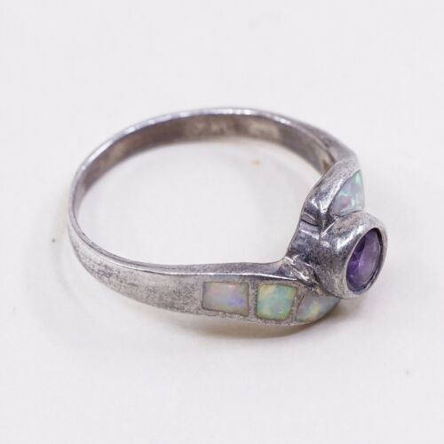 Sz 8.75, Vtg Sterling Silver Ring, 925 Silver Band W/ opal n amethyst