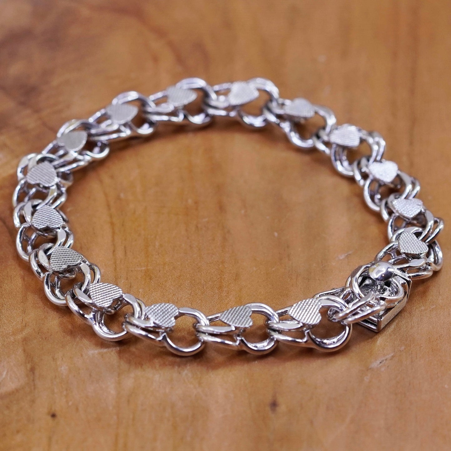 6.5”, vtg Sterling silver handmade double curb bracelet, 925 charm heart chain