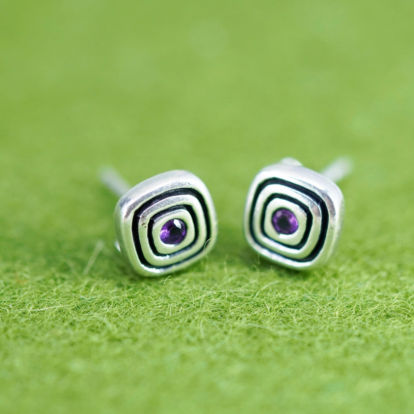 Vintage sterling silver handmade earrings, 925 square studs with amethyst
