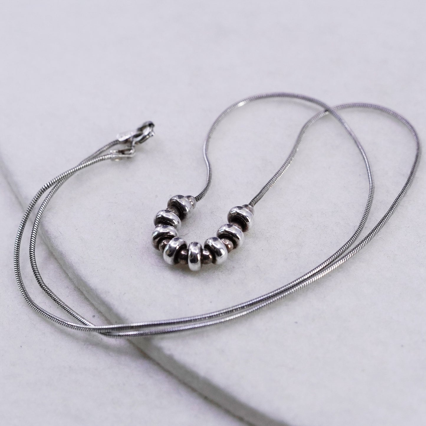 18”, vintage Sterling 925 silver handmade snake necklace with beads pendant