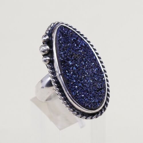 Sz 6, Vtg Sterling 925 Silver Handmade Ring w/ Obsidian Blue Druzy, Stamped