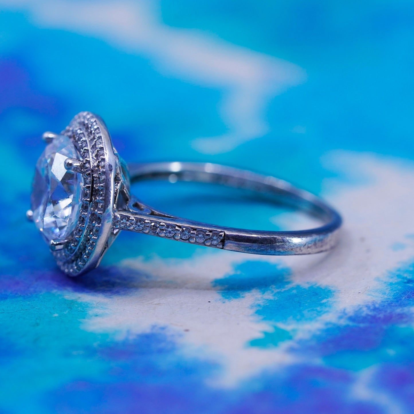 Size 9.25, vintage Sterling 925 silver engagement ring with cluster Cz around