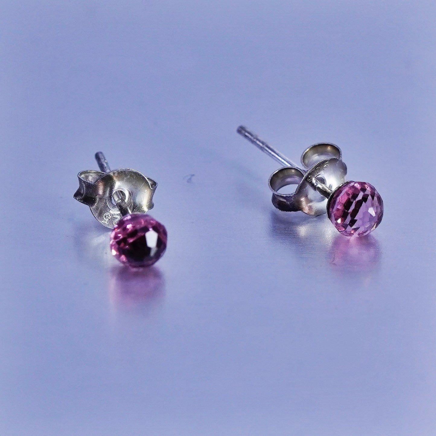3mm, Vintage Sterling 925 silver earrings, studs with pink cz inlay