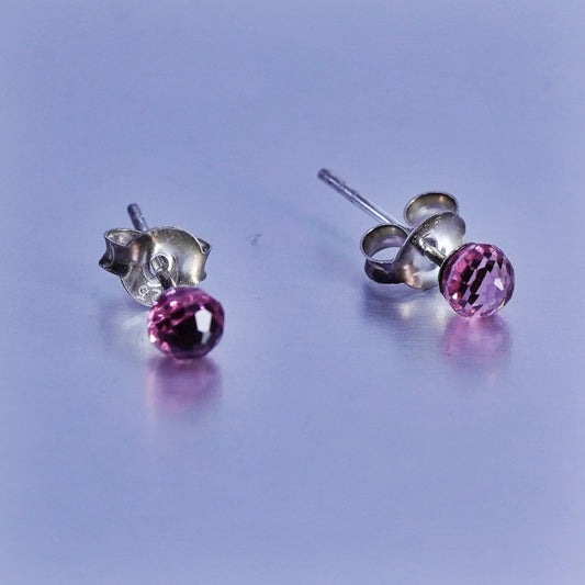 3mm, Vintage Sterling 925 silver earrings, studs with pink cz inlay