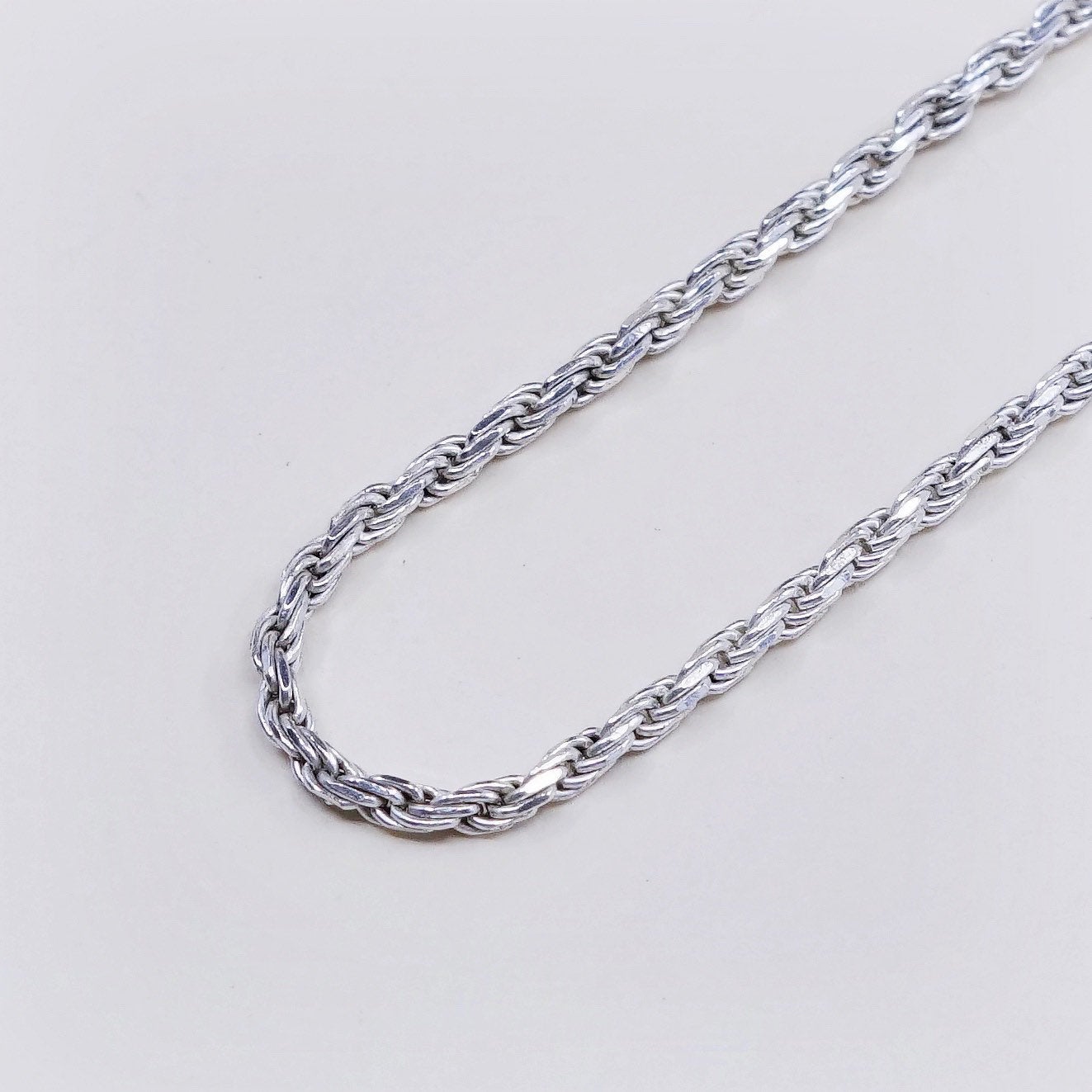 30”, 2mm, vintage Italy Sterling silver necklace, 925 diamond cut rope chain