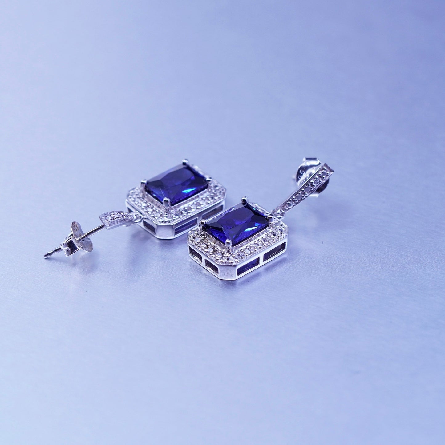 Vintage Sterling 925 silver handmade square earrings with sapphire and diamond