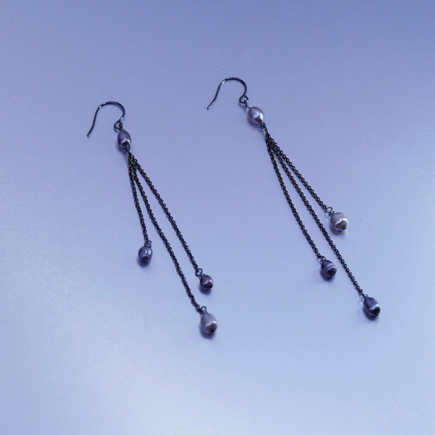 Vintage Sterling 925 silver handmade extra long earrings with freshwater pearl