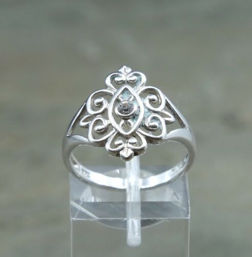 Sz 7, Vtg Sterling Silver Handmade Ring, 925 Filigree Whirl Band W/ Crystal