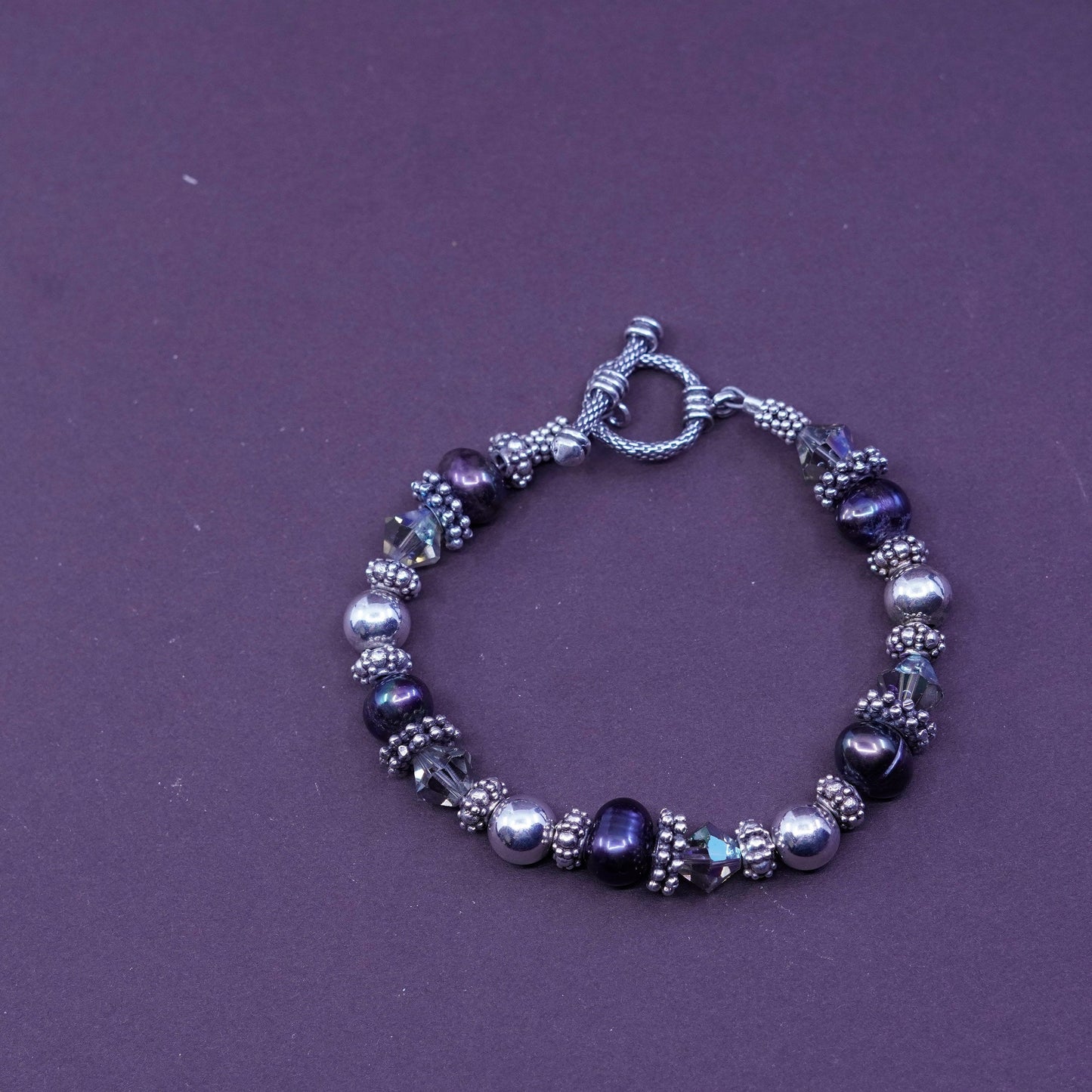 6.75”, Sterling 925 silver handmade beads bracelet with black pearl and crystal
