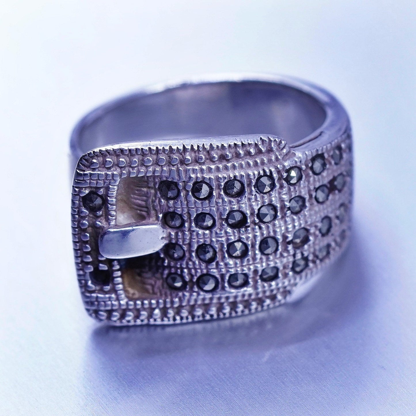 Size 5.75, southwestern Sterling 925 silver handmade ring, belt band marcasite