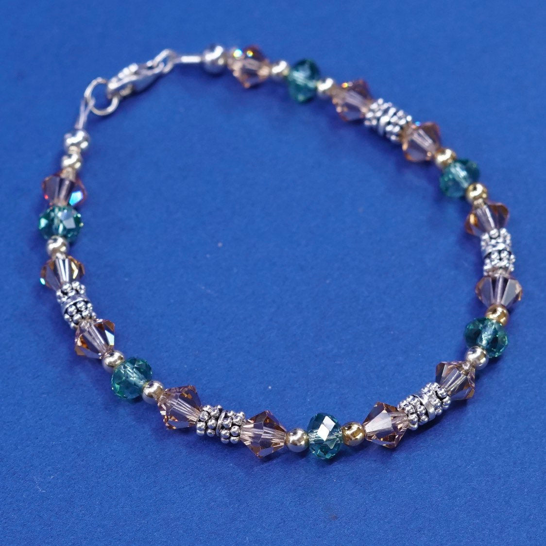 6.75”, Two Tone sterling silver handmade bracelet 925 w/ small 14K yellow beads