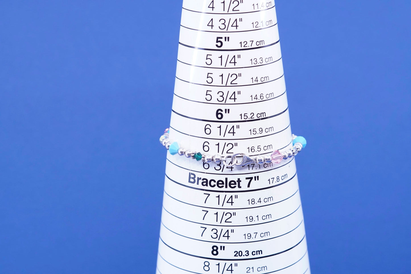 6.75”, sterling 925 silver handmade bracelet with turquoise pink crystal beads