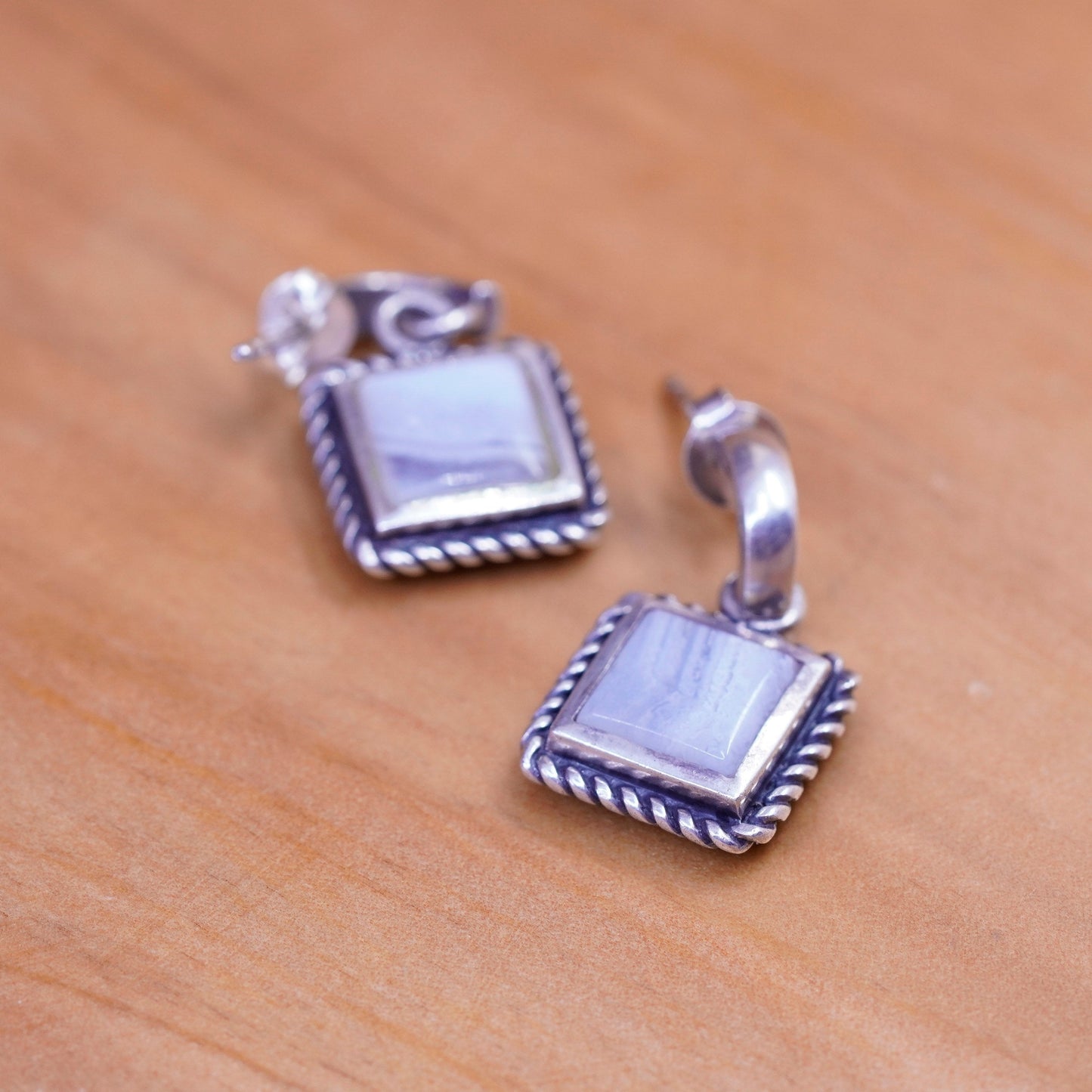 Vintage Sterling silver handmade earrings, 925 Huggie studs lace agate cable
