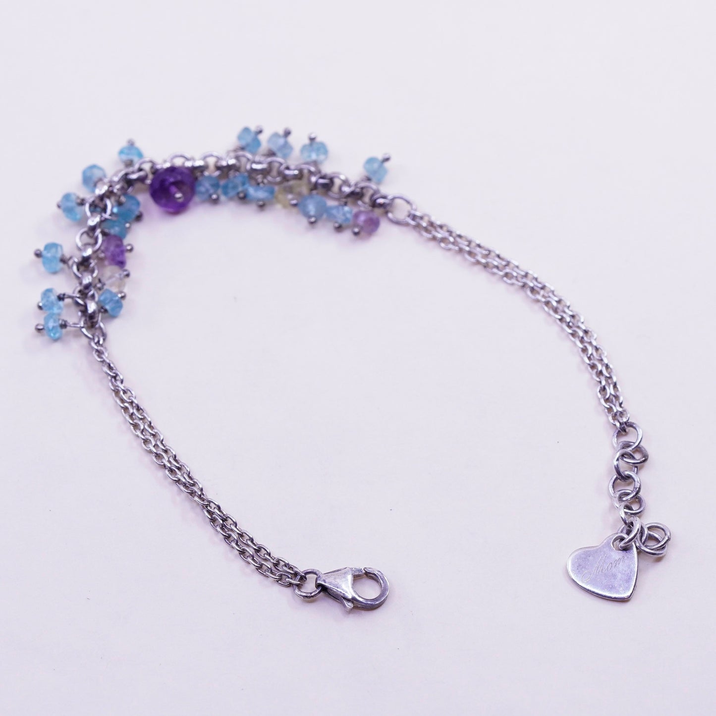 8” Vintage Sterling silver handmade bracelet, natural amethyst and topaz beads