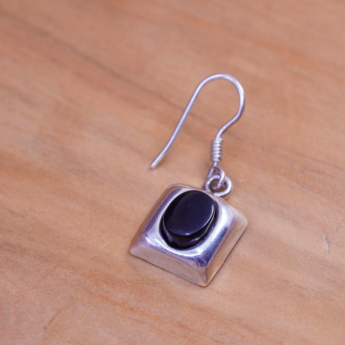 Vintage Sterling 925 silver handmade earrings with oval obsidian inlay