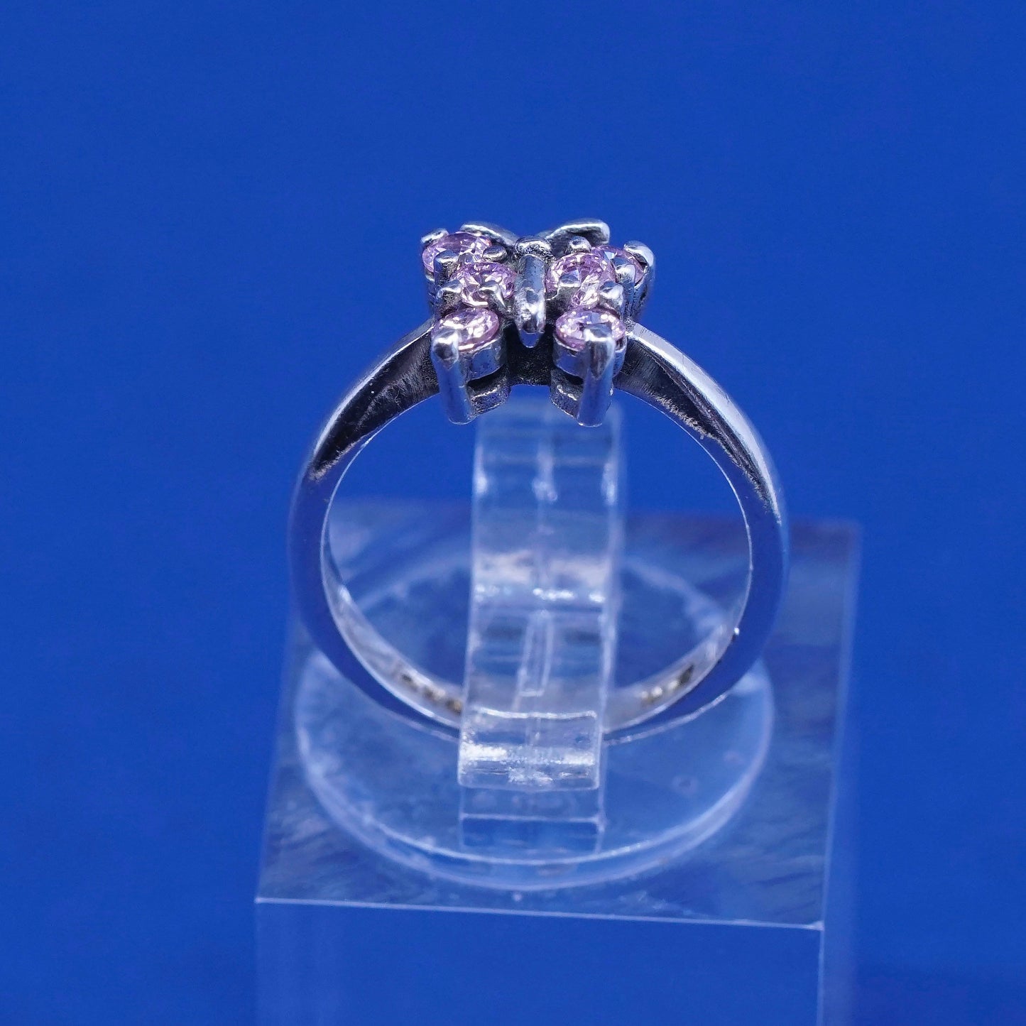 Size 3, vtg Sterling silver engagement ring, 925 band with pink cz butterfly
