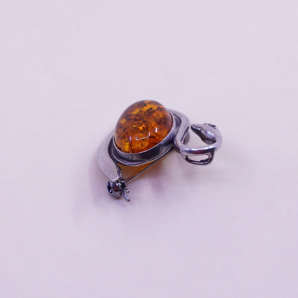 Vintage sterling silver handmade brooch, 925 swan bird amber pin pendant