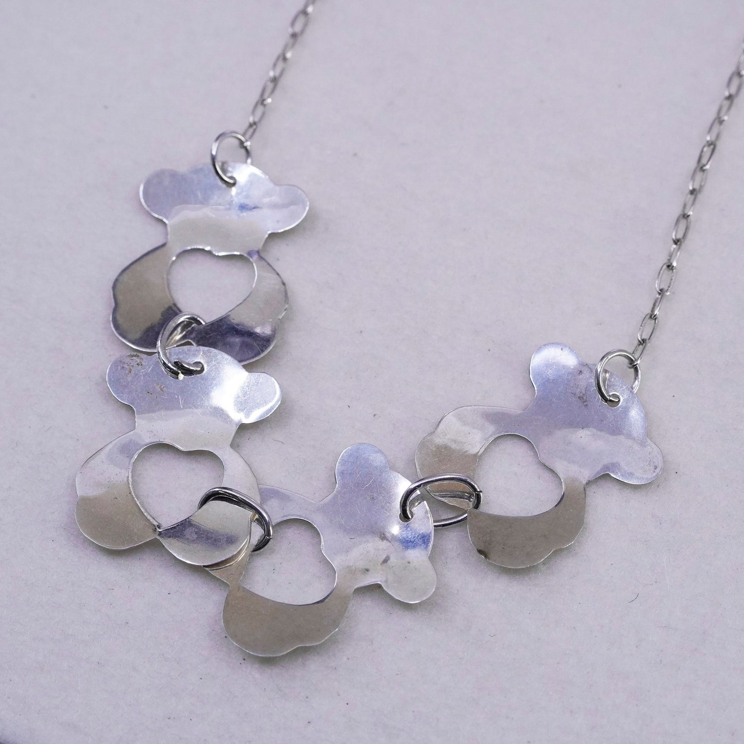 18” Sterling 925 silver handmade elongated chain necklace teddy bear pendant